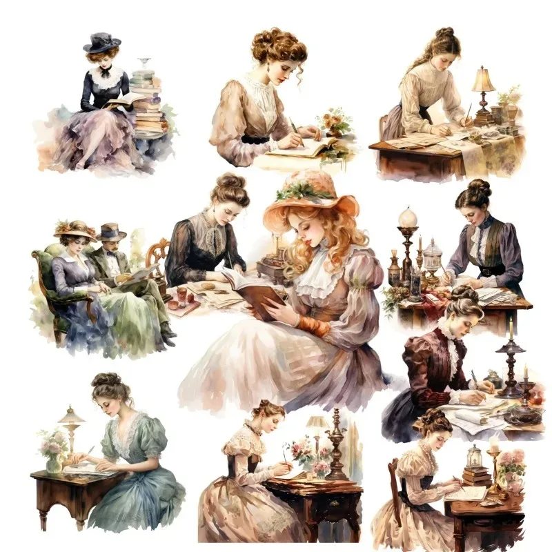 Sen  Retro Victorian Woman Who Reads and Writes  Hand Account Stickers Cute  Phone Tablet Ins Wind Decoration  Stationery