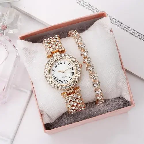 Reloj de lujo para Mujer, conjunto de pulsera de acero con diamantes, productos superventas, marca de lujo, 2024