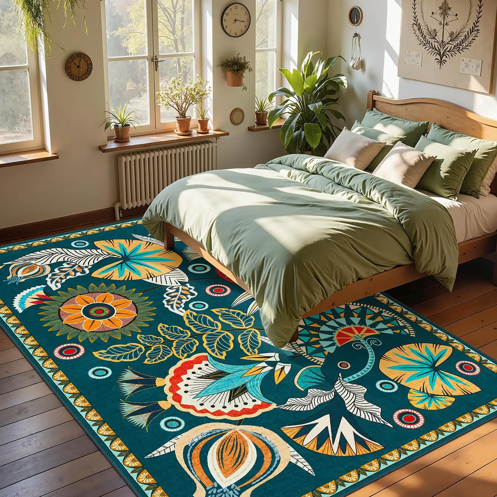 Nordic Boho Floral Area Rug, Large Living Room Carpet, Non-Slip Washable Floor Mat for Small Space Home