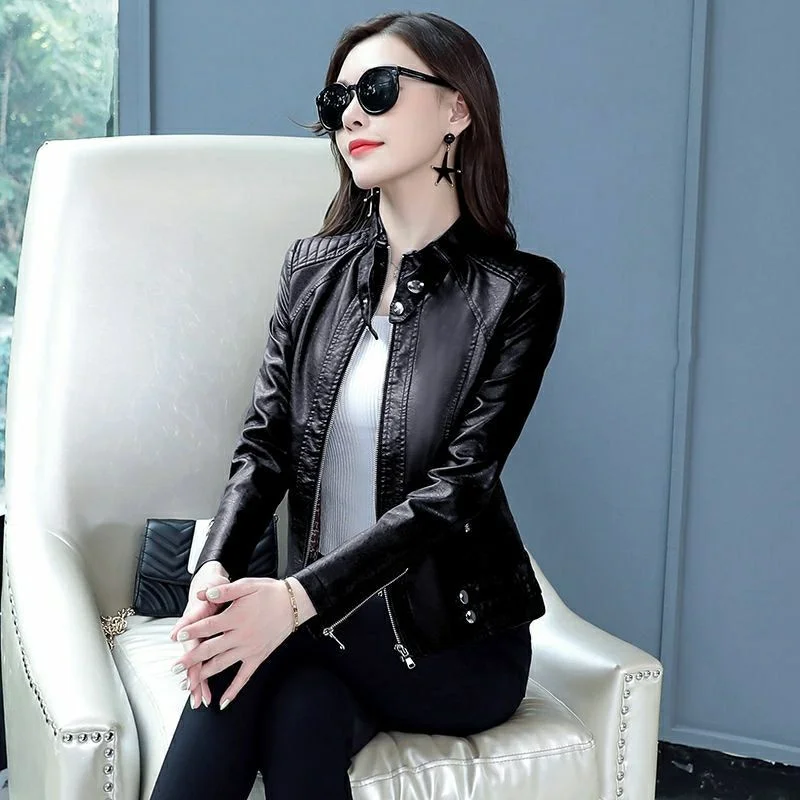 Fashion mantel kulit longgar wanita, jaket kulit pendek sepeda motor versi Korea ramping leher bulat mantel ritsleting Musim Semi dan Gugur