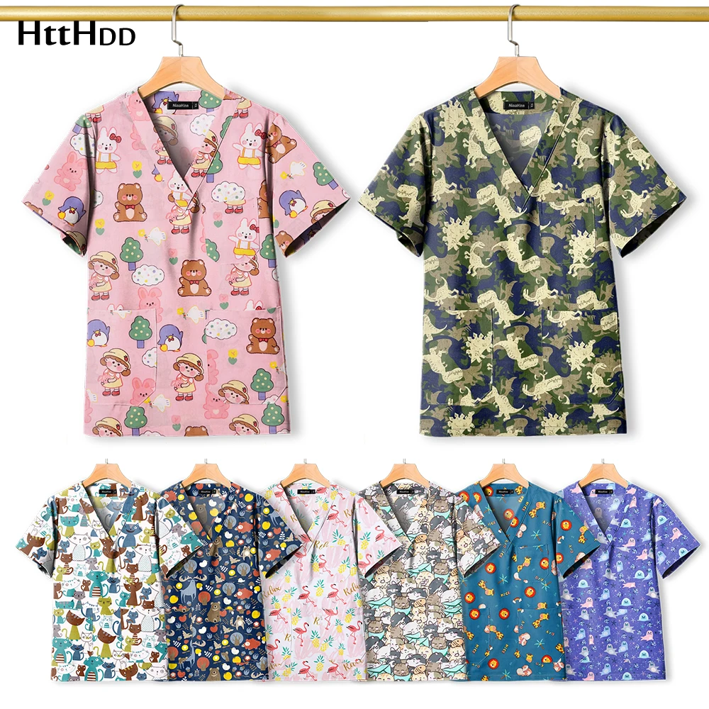 Nurses Accessories Printing Medical Hospital Nursing Uniforms Scrub Top Men Fashion Doctor Workwear Short-sleeved T-shirt Cotton