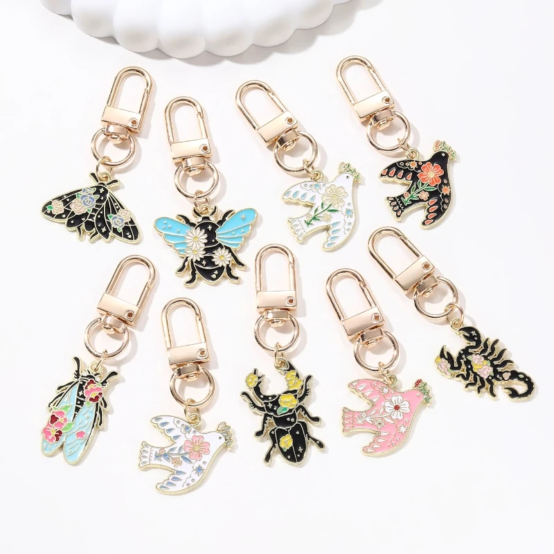 Cute Beautiful New Insects Butterflies Moths Scorpion Bird Enamel Keychain Protect Animal Keyring For Making Handmade DIY