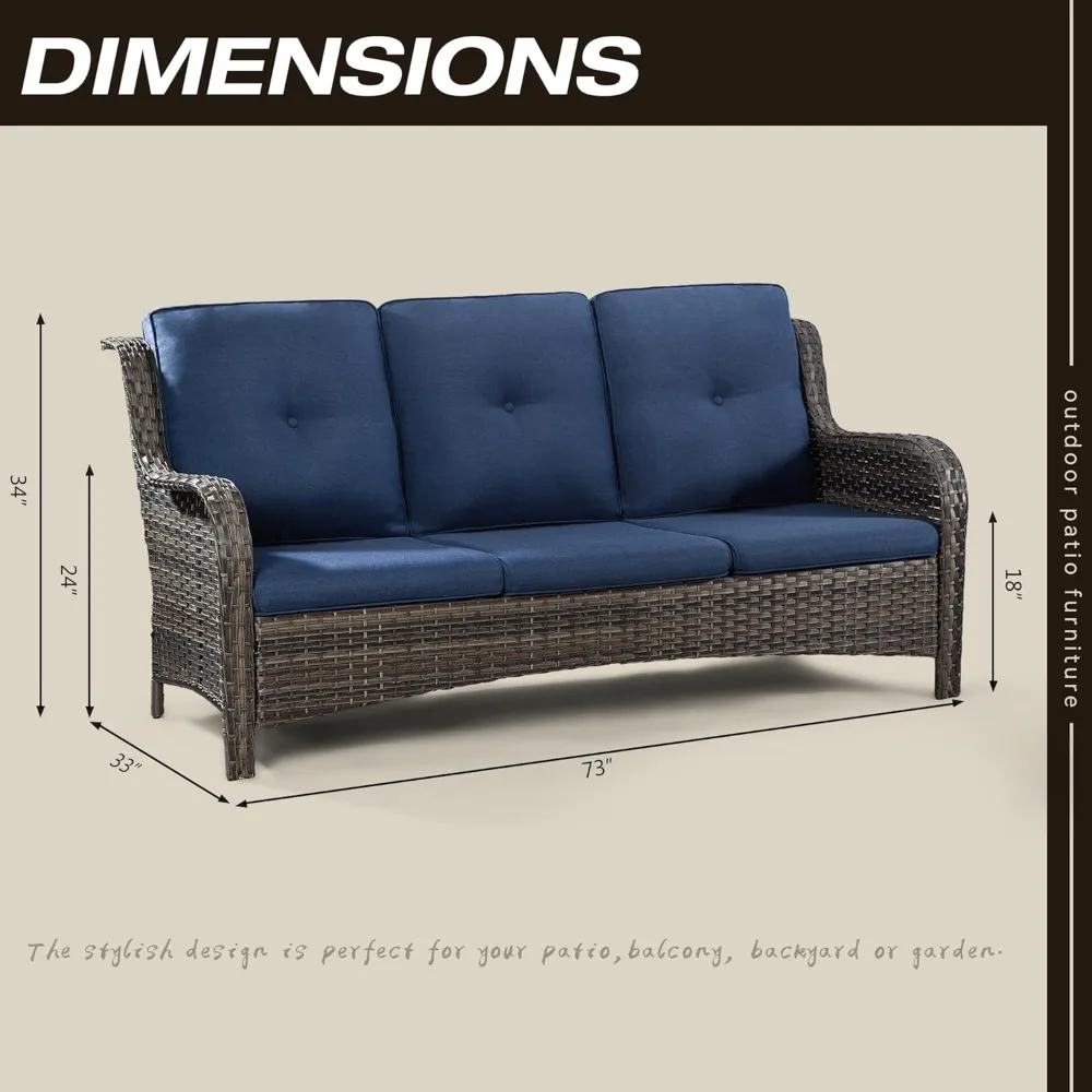 Outdoor Patio Couch Wicker Sofa - 3 Seater for Outside Patio Garden with Deep Seating and Olefin Cushions, Garden Sofas