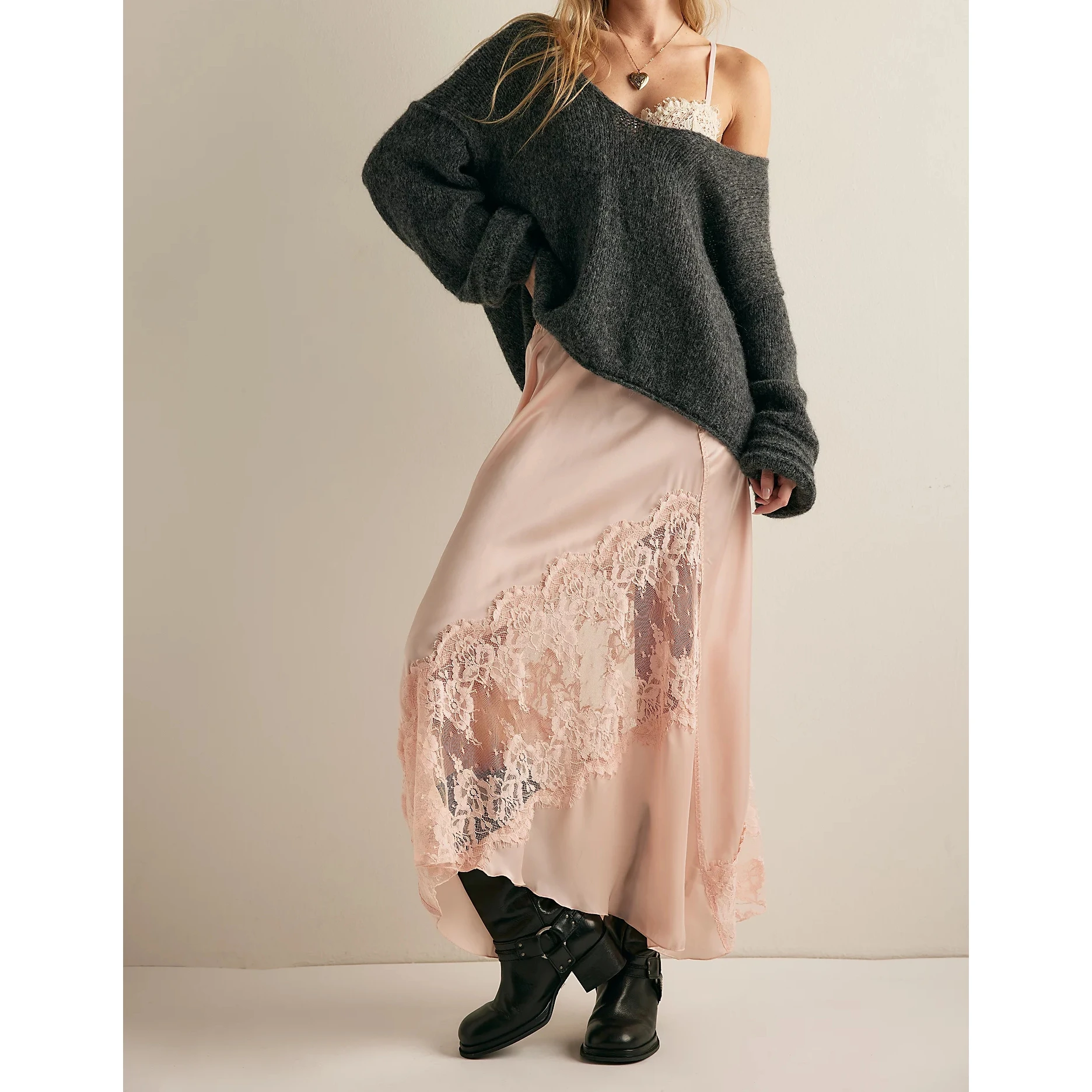 Women's Satin Silk Maxi Skirt Y2k Asymmetrical Floral Lace Trim Patchwork Elastic Low Waist Loose Silky Slip Long Skirt