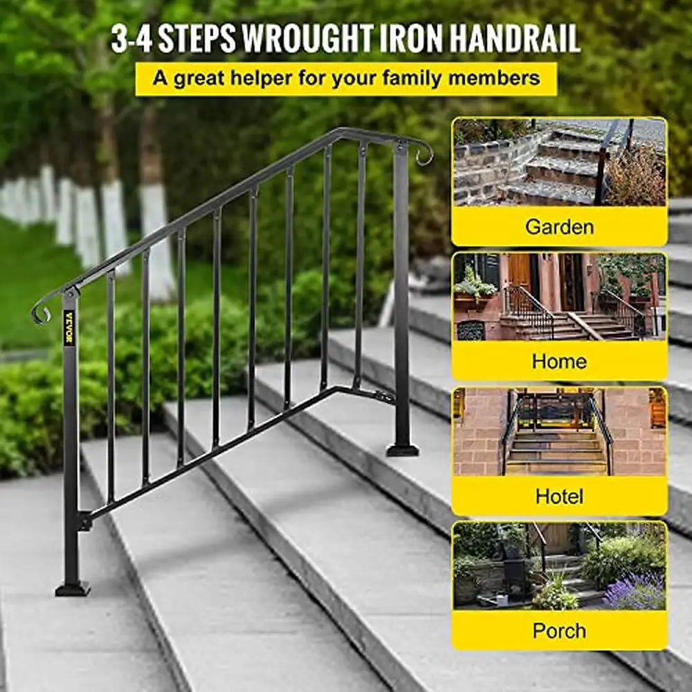 Stylish Iron Handrail 3 Steps Outdoor Stair Railing Safe Porch Solution Black