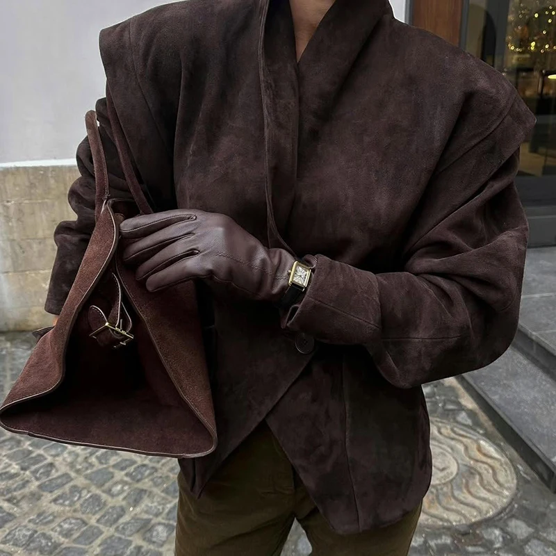Wildleder Safari Stil Kurze Bomber Jacken Frauen Mode Stehen Kragen Epaulet Elastische Saum Taste Lose Mäntel Chic Damen Outer – Detail 24