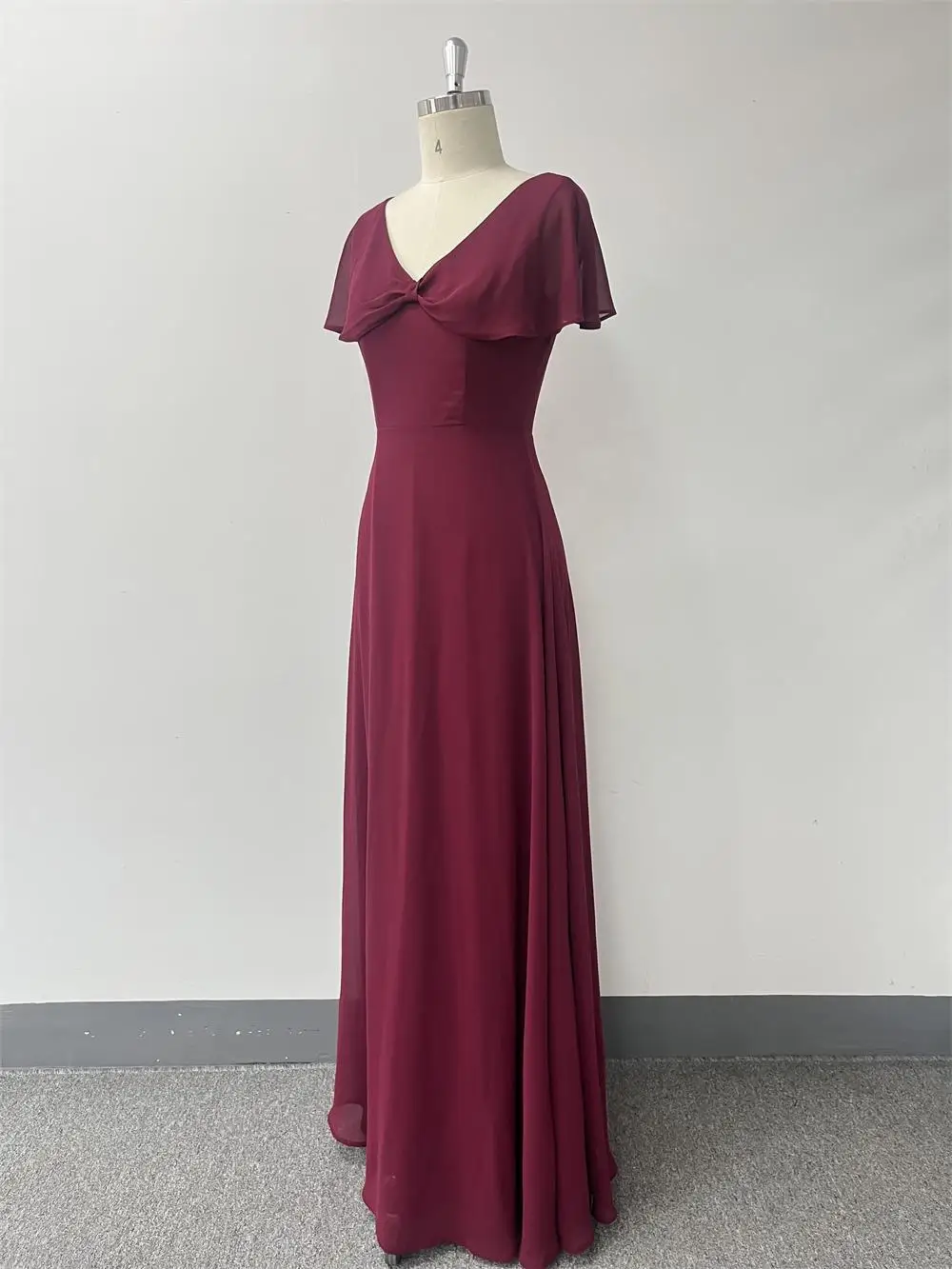 Elegant V-neck Ruched Chiffon Long Formal Evening Dress Burgundy