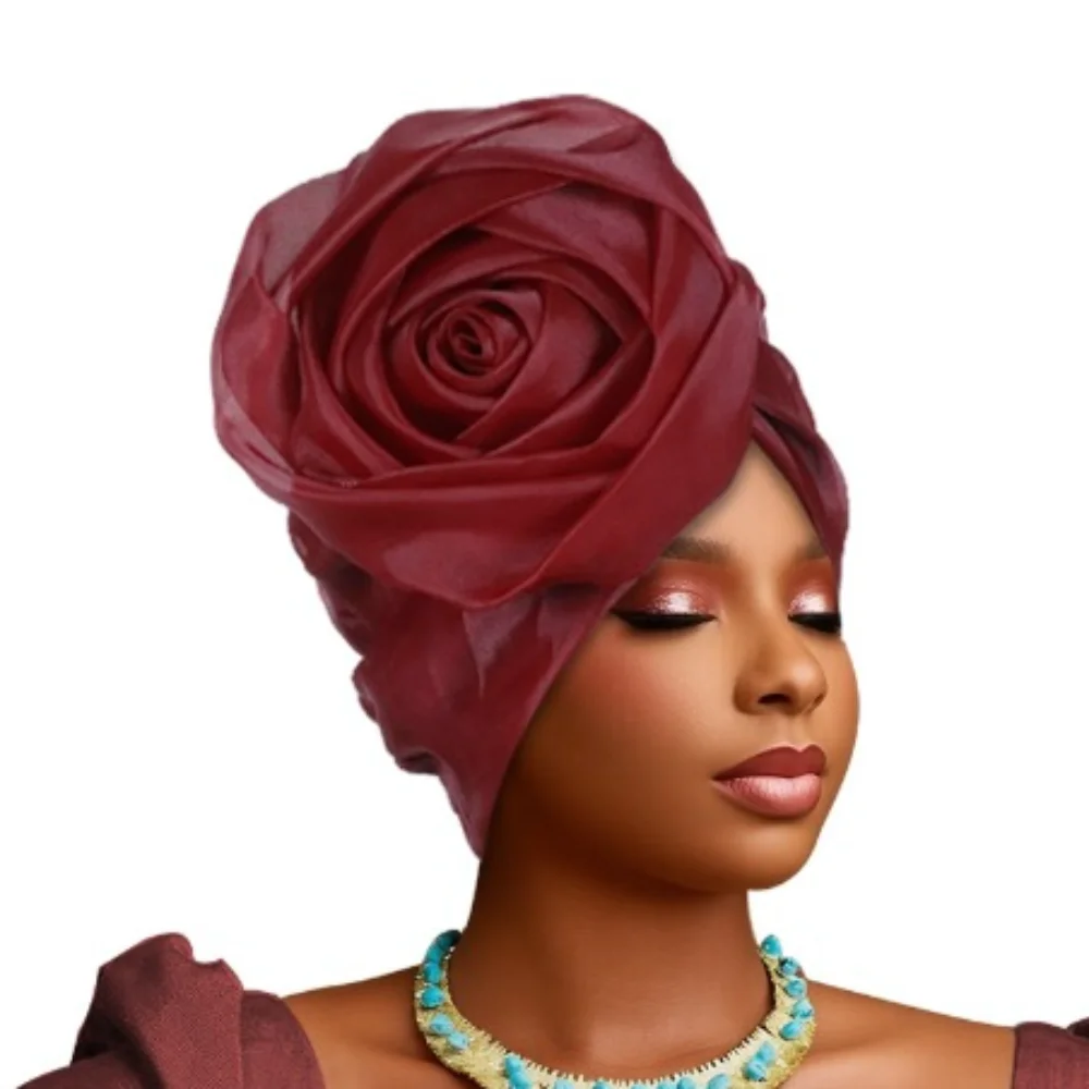 

Raw Silk African Turban Caps Big Rose Flower Headwear Nigerian Wedding Geles Lightweight Breathable Bonnet Party Headgear
