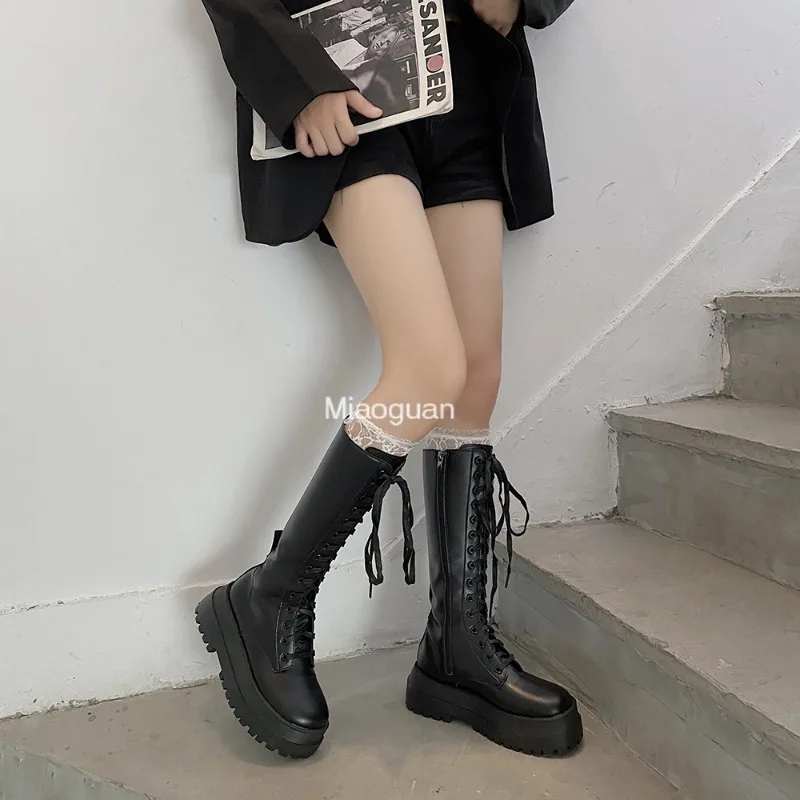 Chunky Platform Pu Leather Knee High Boots Woman‘s Punk Increasing Long Female Lace Up Booties Mujer 2024 Zip Chelsea Women Shoe