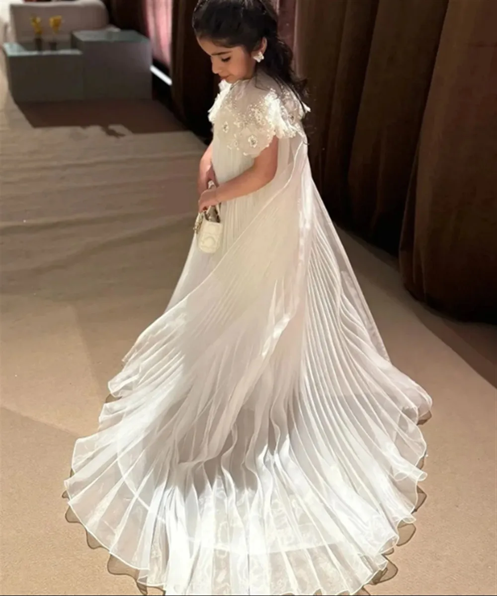 

Luxury White Flower Girl Dress for Wedding Floral Appliques Floor Length Princess Birthday Party First Communion Gown Customized