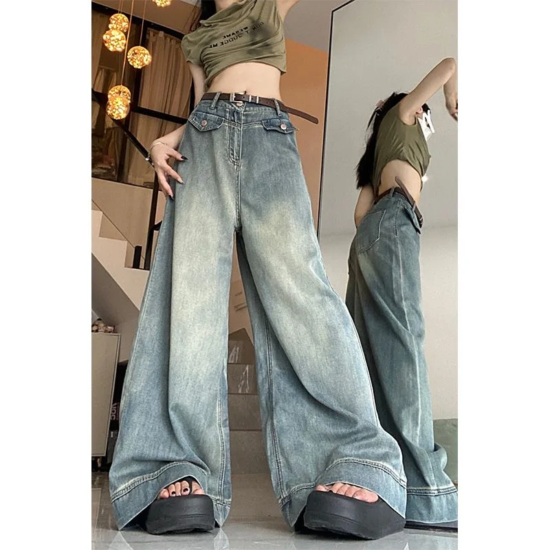 Primavera donna Vintage Y2k Jeans larghi vita alta pantaloni americani oversize Denim gamba larga Streetwear pantaloni di base dritti