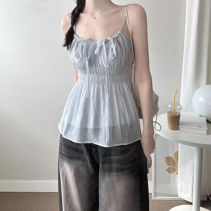 

Korean Sle Lazy Feeling Chiffon Top Bow Tie Pleated Slimming Strap Casual Sexy ort irt Women's Vest Tank Top