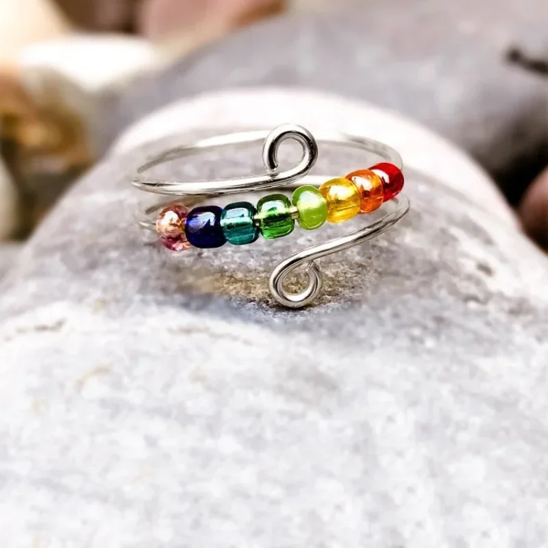 Trumium 925 Sterling Silver Boho Rainbow rings for women Spinnning Anxiety Beaded Wind Wire Rotatable Fidget Ring Adjustable