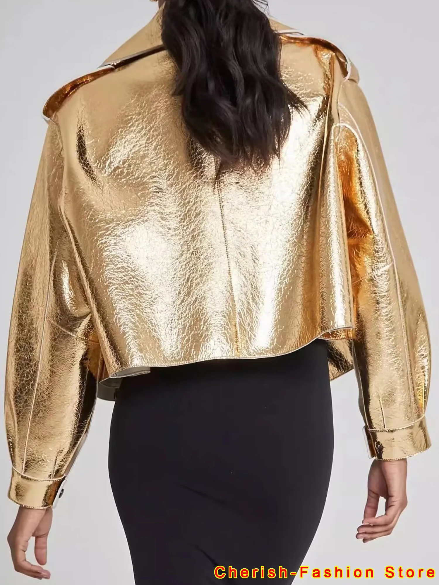 Giacca da moto in finta pelle da donna Chic Gold elegante cappotto in PU a maniche lunghe con risvolto allentato 2023 autunno Lady Fashion soprabito