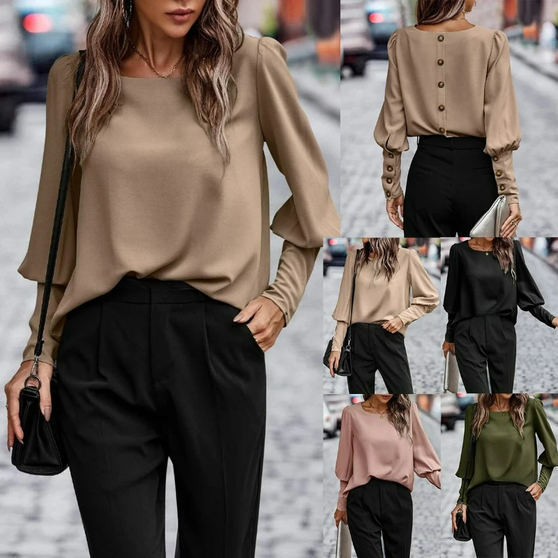 

French Pure Color Round Neck Long Sleeve Shirt Women Autumn New Design Loose Single Row Button-Up Fashion Innerwear T-Shirt