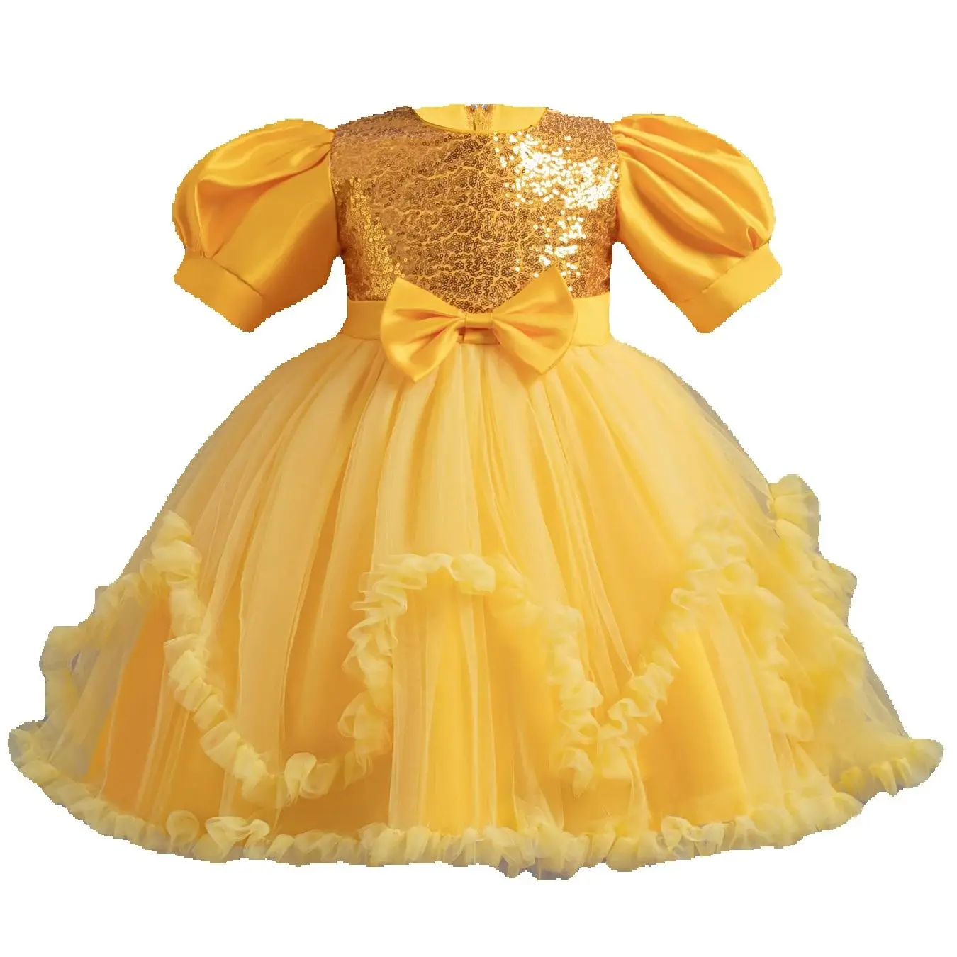 

931 Желтое платье принцессы с блестками и большим бантом с цветочным узором для детских вечеринок по случаю дня рождения, размеры от 2 до 10 лет