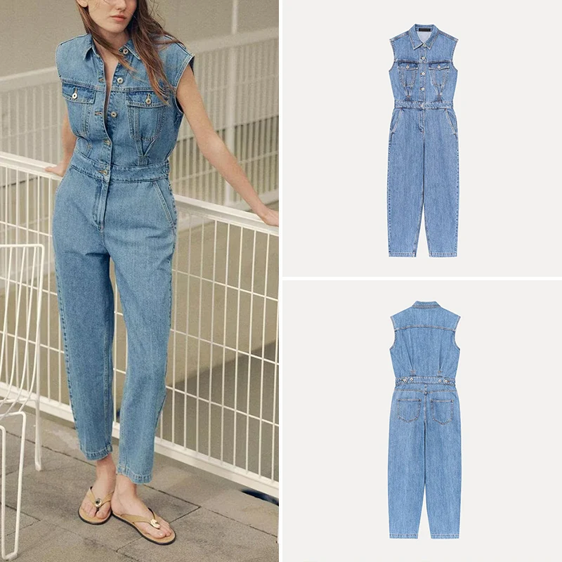 

Весна 2024, модный джинсовый комбинезон с воздушными шарами для женщин, длинные брюки с высокой талией, уличный бренд из полиэфирного волокна Z