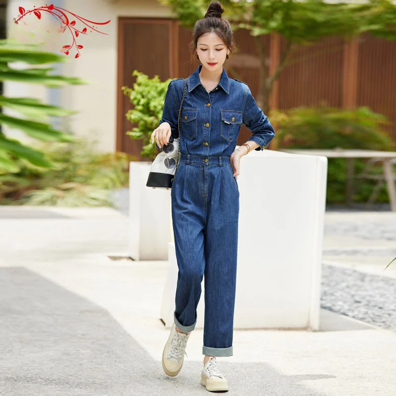 

Женские джинсовые комбинезоны Faion с высокой талией, весна-осень, свободные, выцветшие, повседневные, рабочие, цельные брюки из смесовой хлопковой ткани