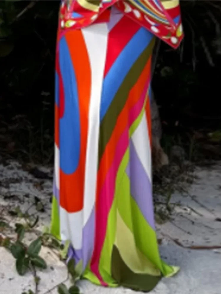 Costume jupe imprimé décontracté pour femmes, ensemble de plage élégant en Satin, Vintage, dos nu, col licou irrégulier, jupe longue, ensemble 2 pièces