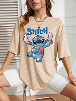 Funny 100% Cotton Stitch Love Graphic Print T-Shirt for Women Casual Short Sleeve Tee Cartoon Design