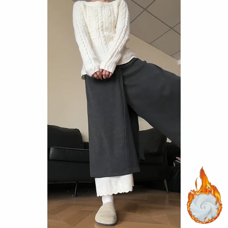 Pantalones de pierna ancha con forro de encaje y efecto adelgazante para mujer, falda envolvente de imitación drapeada, ropa informal, Otoño e Invierno
