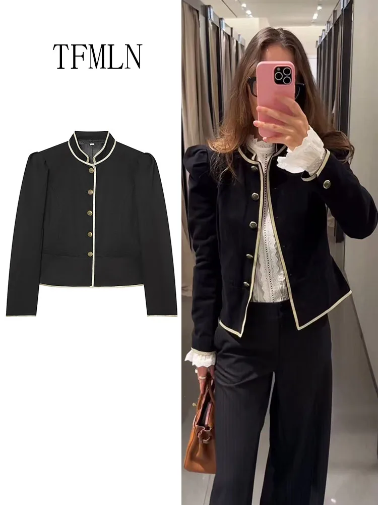 Fashion Women Cropped Blazer Coats 2026 Autumn Chic Single Breasted Causal Jackets Stand Vintage Collar Long Sleeve Outwear