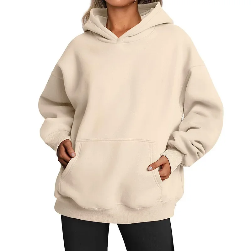 

2024 autumn and winter new women's clothing, solid color loose hooded long-sleeved sweater