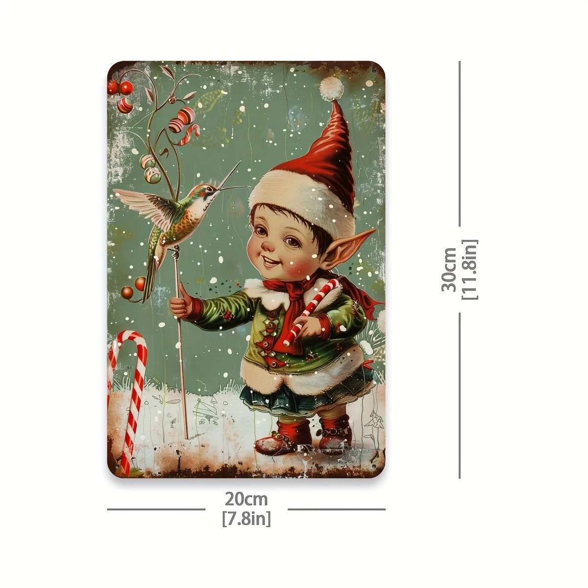 Christmas Elf with Colorful Hummingbirds - Fun Vintage Metal Tin Sign, Festive Wall Art Decoration for Gyms, Cafes, Garages, Res