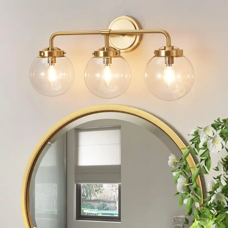 Gold Bathroom Vanity Light Fixtures Over Mirror, Modern Brass 3 Lights Wall Sconce Lighting with Transparent Glass Ball Shade,