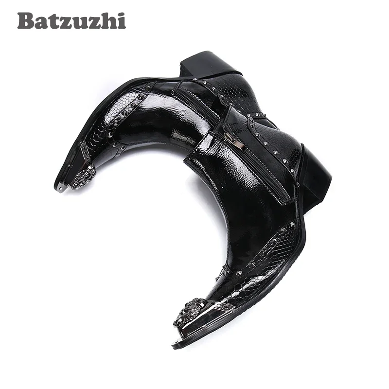 

Batzuzhi, модные мужские ботинки, черные ботильоны из натуральной кожи с металлическим острым носком, деловые модельные ботинки на молнии, вечерние ботинки, размер 38-47