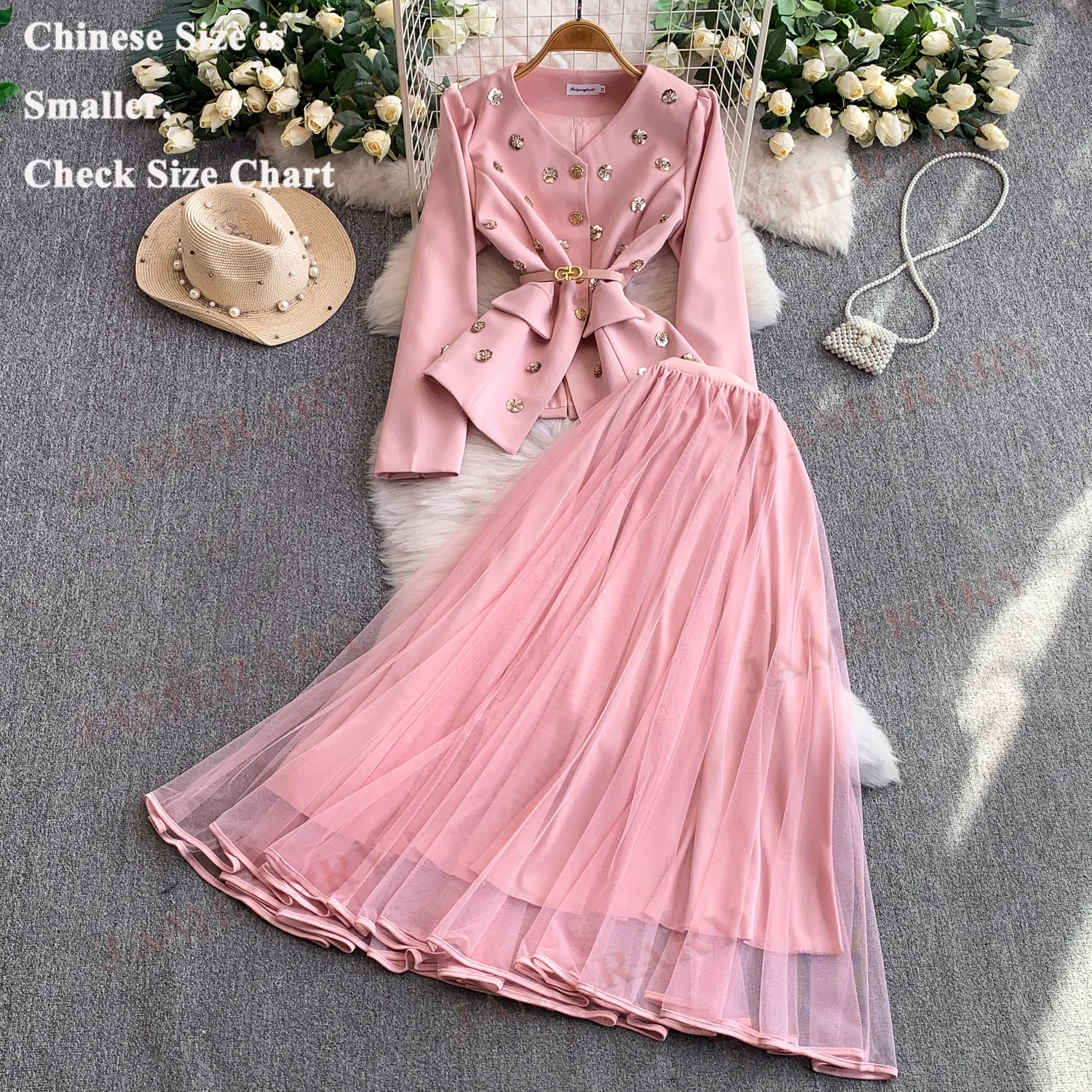 Runway Autumn Two Piece Set Women Long Dresses Sequin Blazer Suit Coat A Line Tulle Long Skirts Suit 2pcs Outfit Winter Clothing