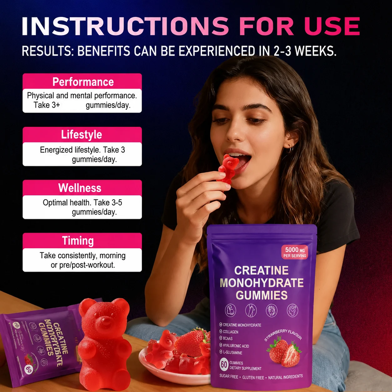 Creatine Gummies with Collagen BCAA Hyaluronic Acid Vitamin D3 Zinc Fitness Supplement for Active Adults Workout Support Sugar