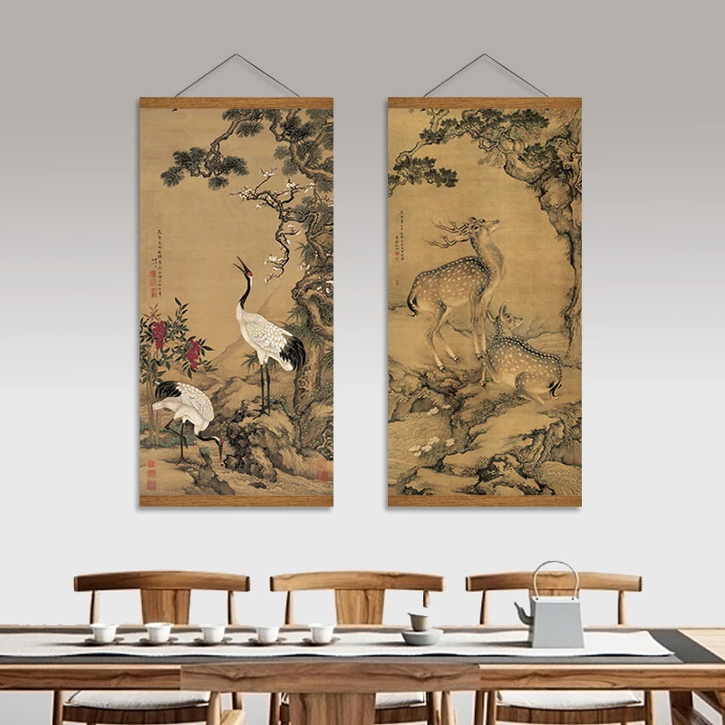 Chinese style canvas ink painting mural decoration living room wall newspaper painting bedroom wall art poster solid wood scroll