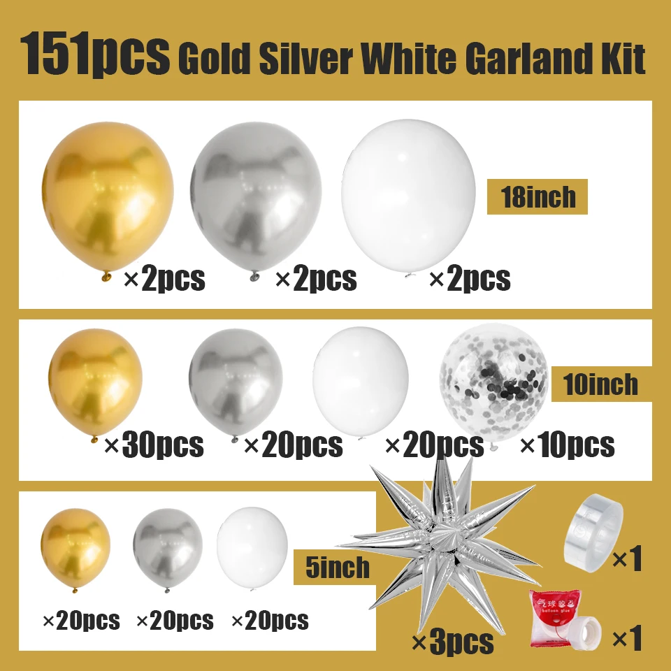 151pcs Gold Silver White Balloon Garland Arch Kit for Birthday  Anniversary Graduation Ceremony Adult Cocktail Party Decoration