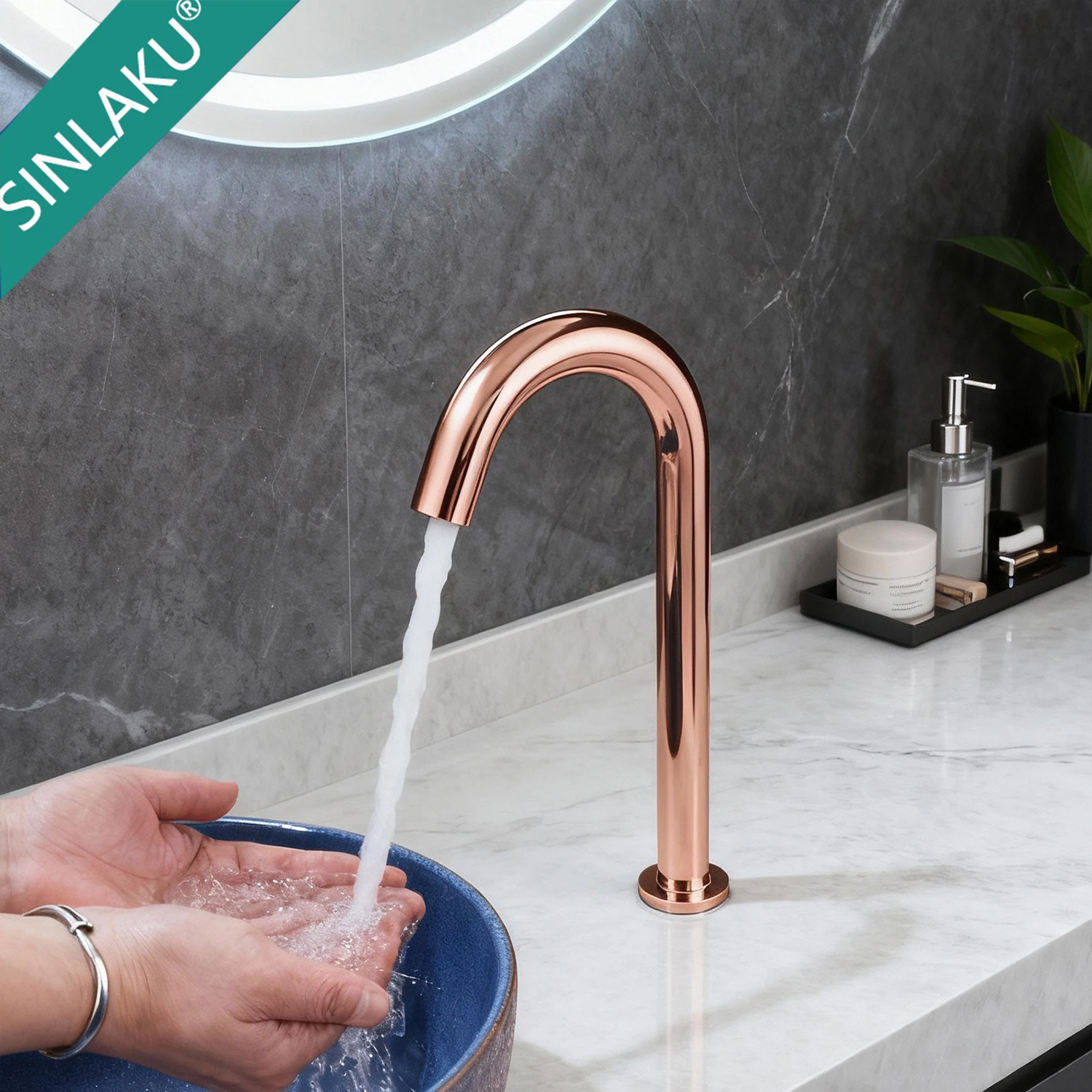 SINLAKU Rose Gold Touchless Sensor Bathroom Sink Faucet  Hands-Free Vessel Tap with High Arc Spout Bathroom Mixer Taps 33cm