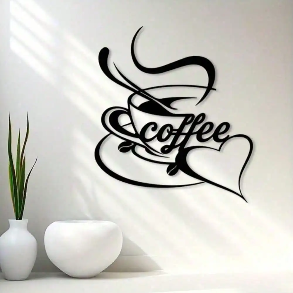 Vintage Metal Coffee Cup Wall Art with Heart Steam & Elegant Script Durable Indoor Outdoor Decor