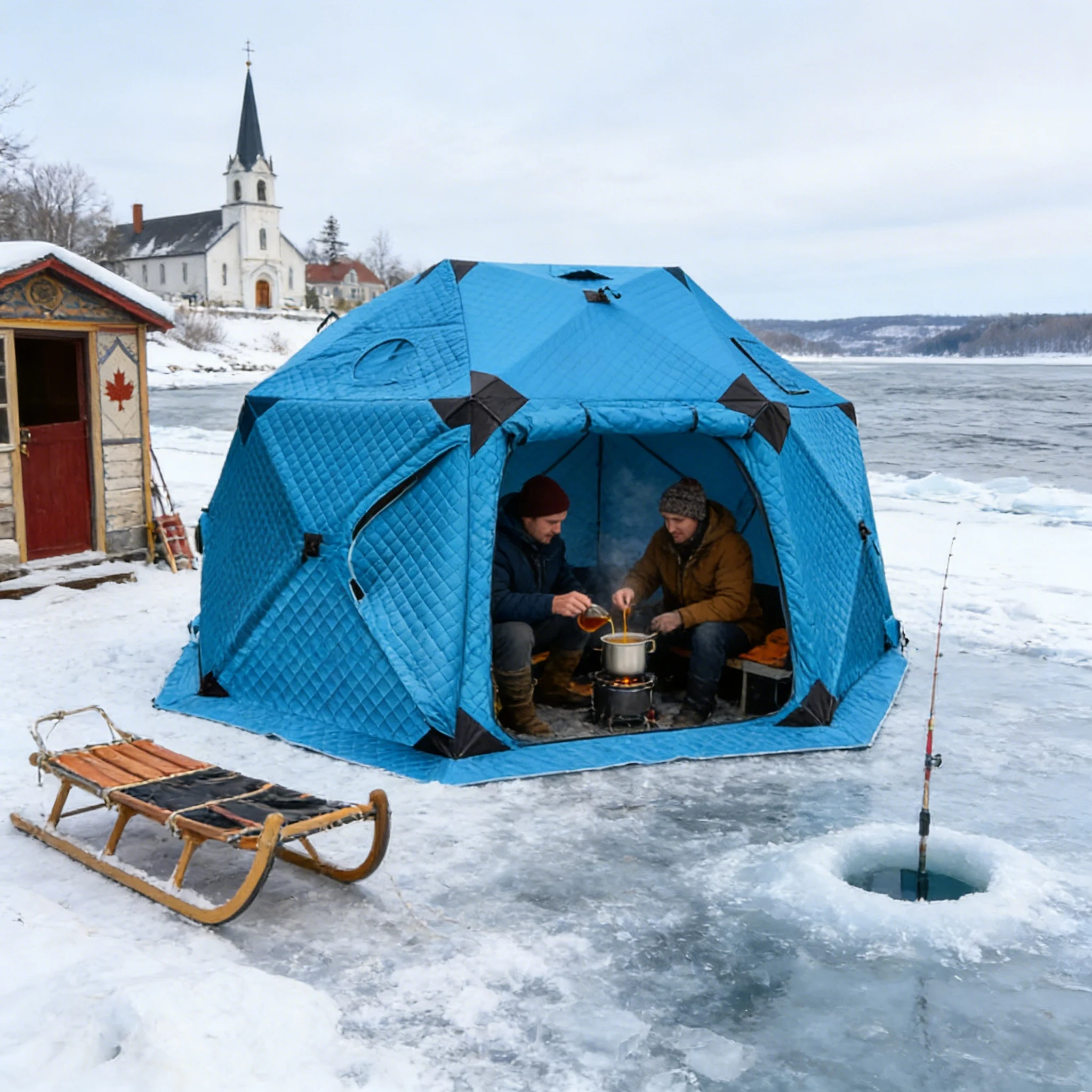 Large-capacity octagonal ice fishing tent with insulation and windows, suitable for group fishing and social activities