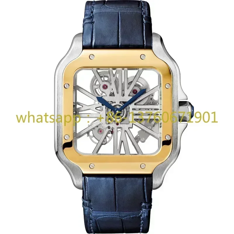 Luxury New Mens Watches Skeleton Vk Quartz Movement Square Watches Double Sided 904L Stainless Steel Strap Montre De Luxe