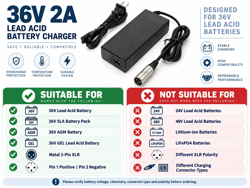 36V 2A Battery Charger for Razor MX500, MX650, GT GT750, IZIP I600, I1000, Mongoose M750, X-Treme X-600, Schwinn S600 ST1000