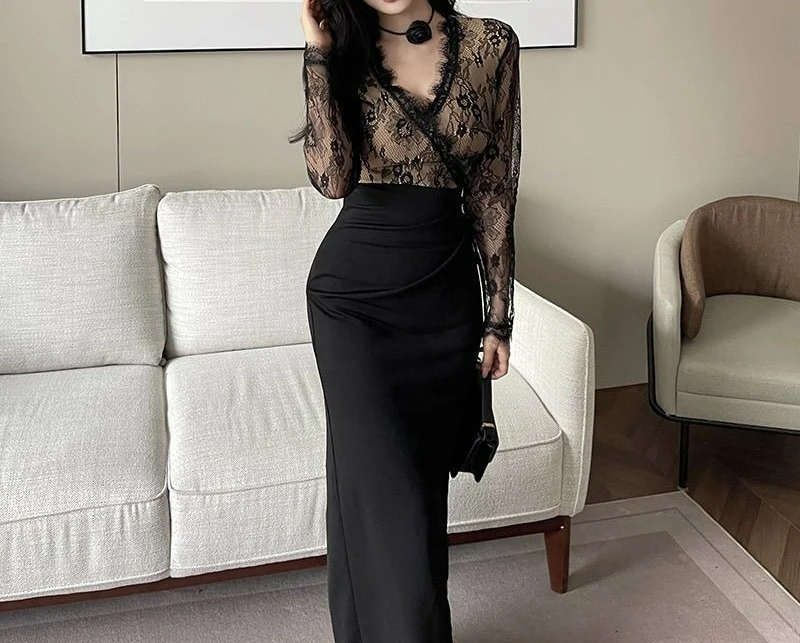 

Black Lace Patchwork Long Sleeve Dress for Women 2025 Autumn Winter Waist-Cinching Bodycon Dress
