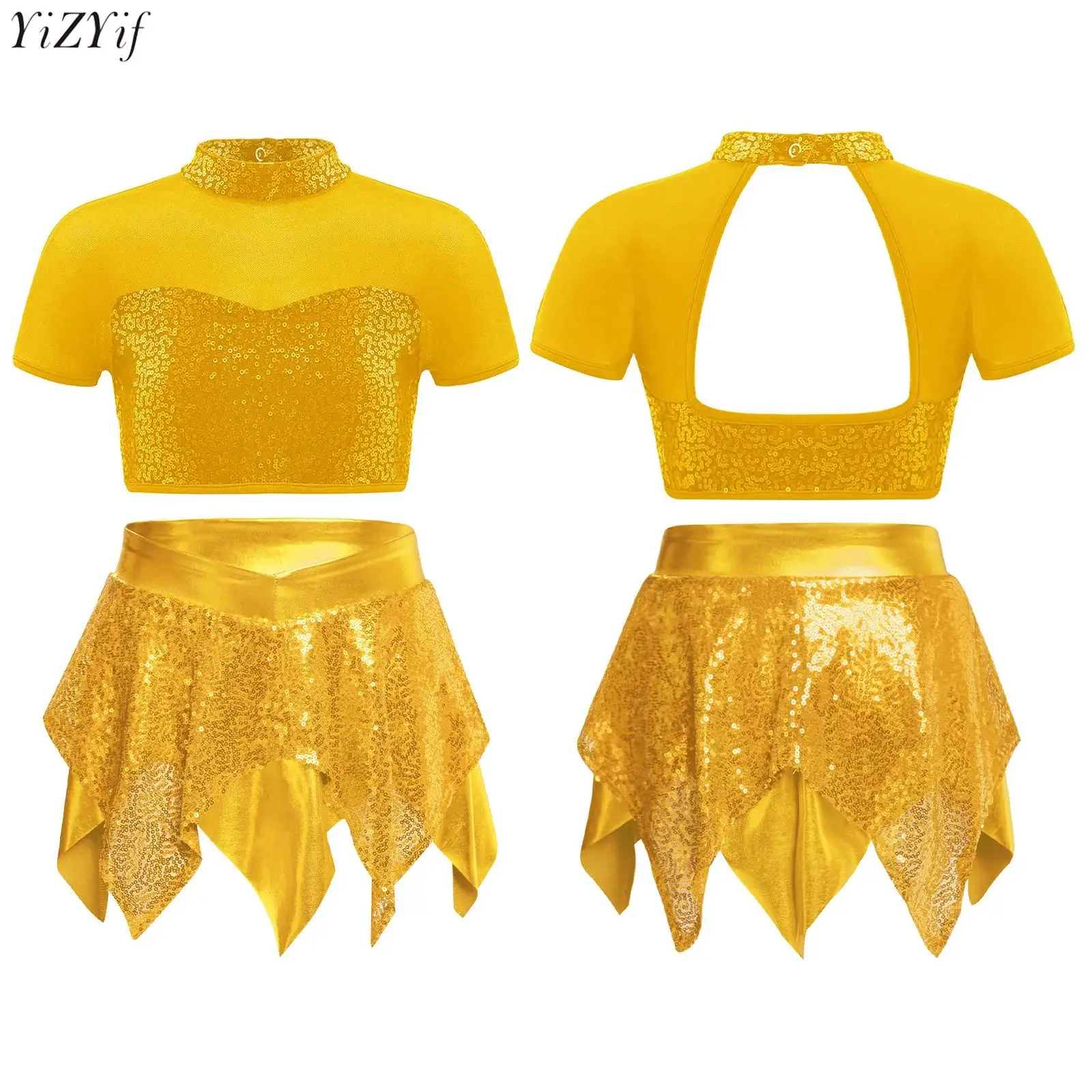 

2Pcs Kids Girls Jazz Latin Dance Outfit Cheerleading Uniform Short Sleeve Cutout Back Shiny Sequins Crop Top+Asymmetrical Skirt