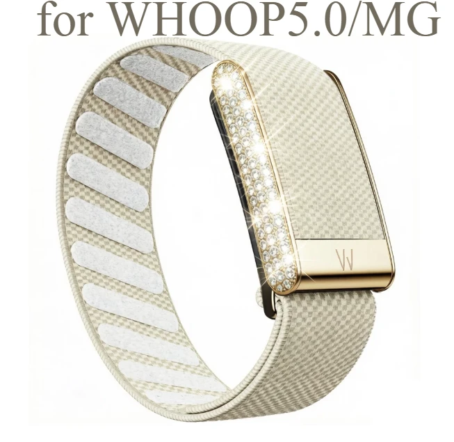 Suitable for Whoop 5.0/MG diamond studded wristband with a shiny silver and gold metal U-shaped frame and the letter W