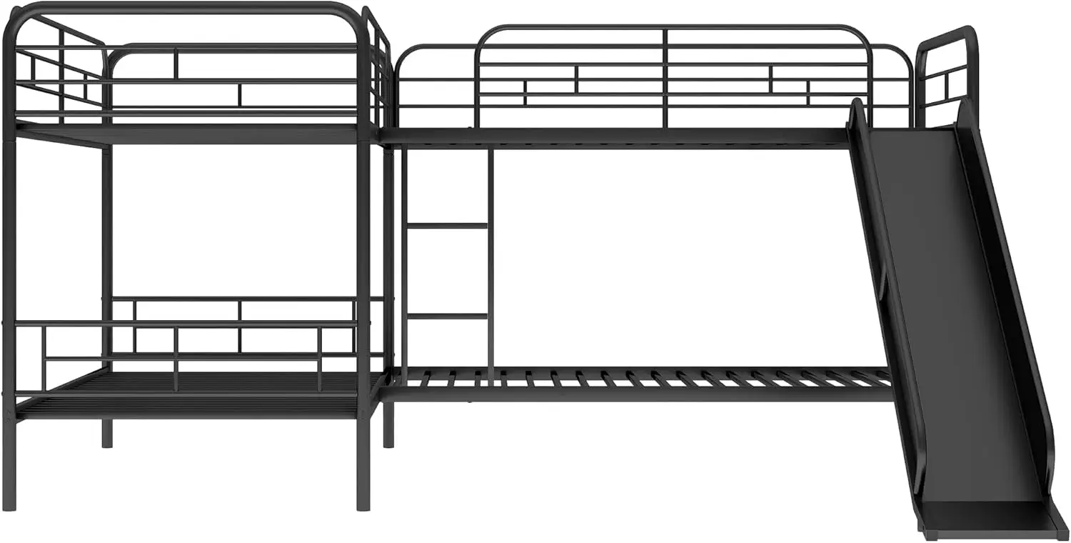 L-Vorm Bed Voor 4, Quad Stapelbedden Met Glijbaan, Hoek Stapelbedden Frame, Metalen Twin Size Bed Voor Kinderen, Tieners, Volwassenen