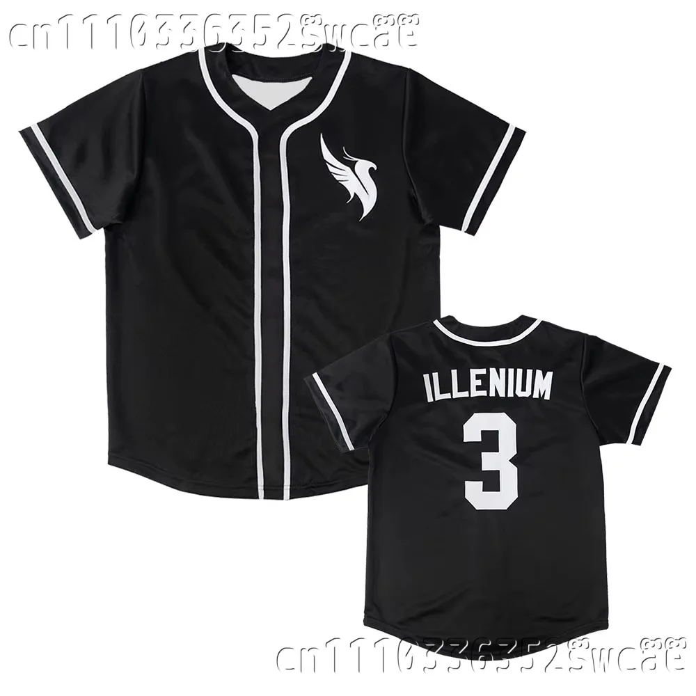 ILLENIUM Number 3 Baseball Jersey  Button‑Up Unisex Shirts Logo Front Back Number Graphic  Loose Fit Casual Tops FamilyMatching