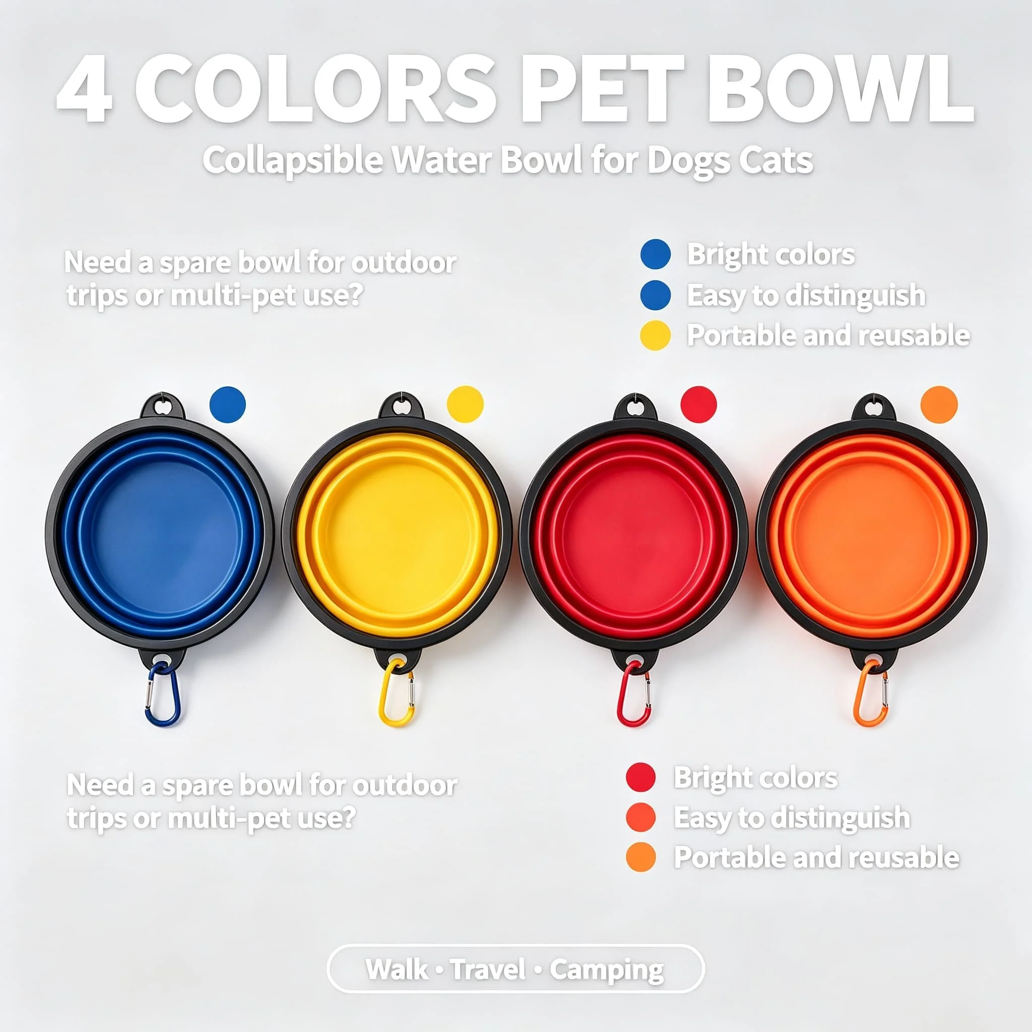 Portable Collapsible Pet Dog Bowl Silicone Foldable Water Feeding Bowl With Hook Carabiner For Travel Camping Hiking Walking