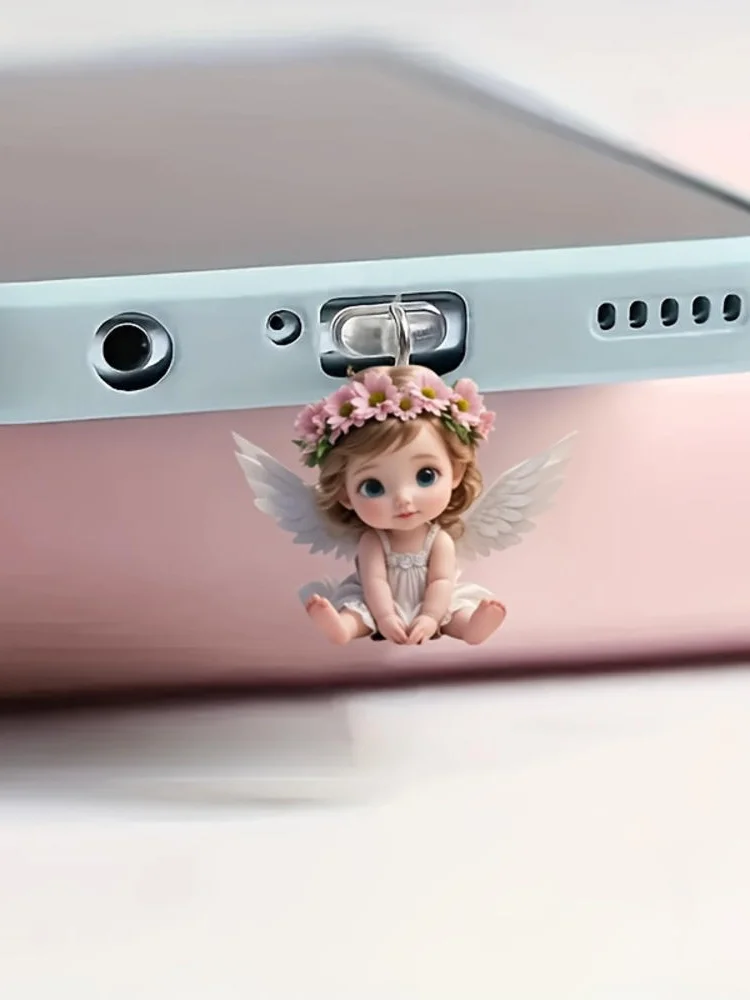 Bouchon anti-poussière plat en acrylique 2D pour téléphone, ange fée chat, accessoires décoratifs pour Interface Iphone type-c, décoration suspendue