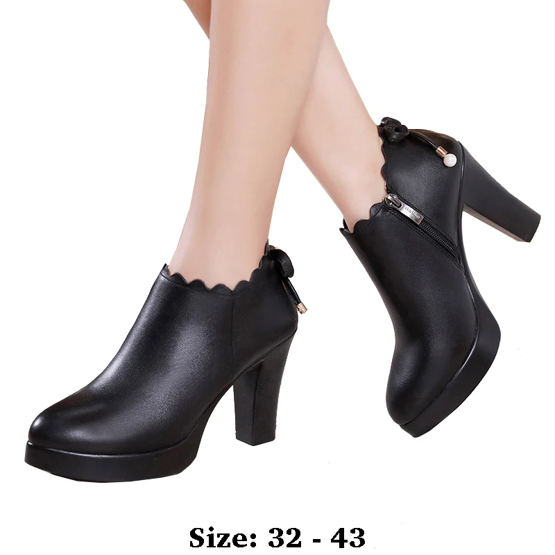 

High quality short ankle boots for women leather 6cm 8.5cm 10cm high heel bowknot 2025 32 33 34 autumn winter elegant shoe black