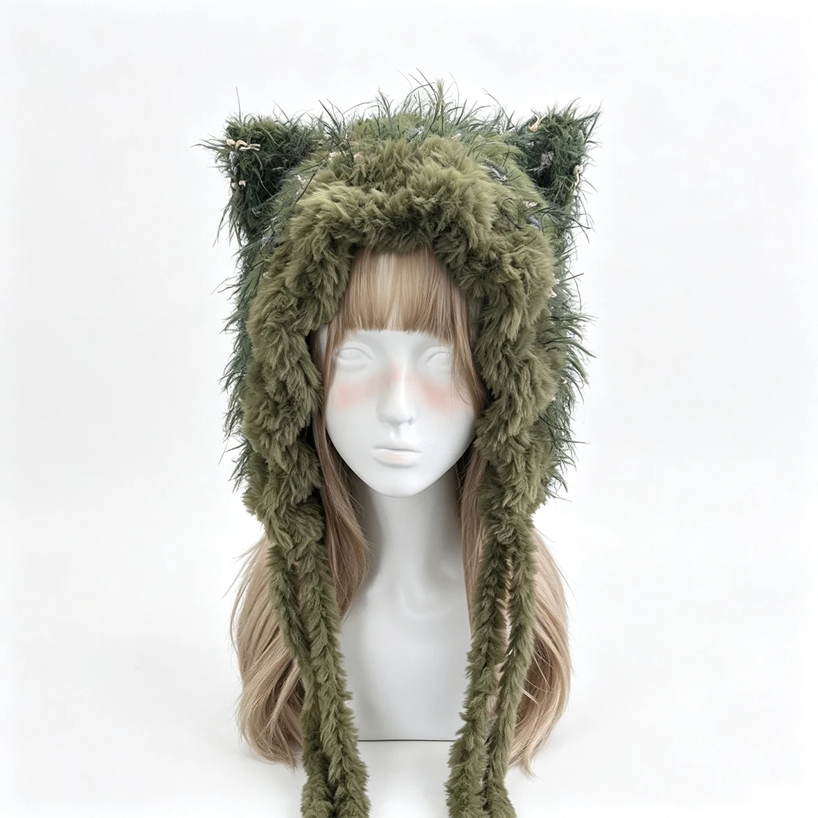 Custom Handmade Crochet Furry Moss Green Hood For Women Soft Faux Fur Yarn Winter Warm Pullover Kawaii Fairycore Forest Warm Hat