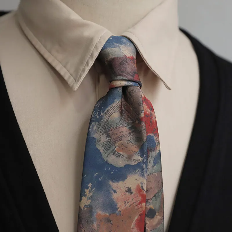 Oil Painting Style Retro Flower Plaid Printed Silk Neckties Handmade Men Women Casual 7cm Daily Neck Ties French Romantic Cravat