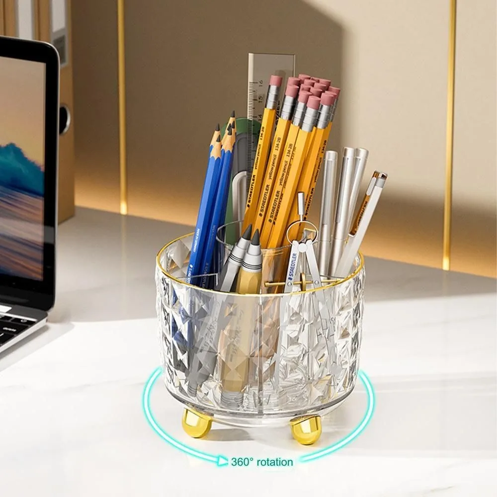 

360 Rotating Desktop Pen Holder Multi Grid Transparent Stationery Organizer Storage Rack Cute Makeup Brush Holder